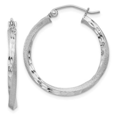 Luxury Giftware by Jere Sterling Silver Rhodium-plated Satin Diamond-cut 2.5x25mm Twisted Hoop Earrings, White