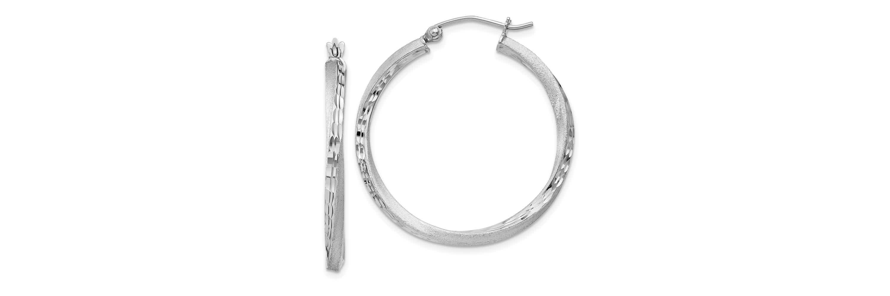 Sterling Silver Rhodium-plated Satin Diamond-cut 2.5x30mm Twisted Hoop Earrings