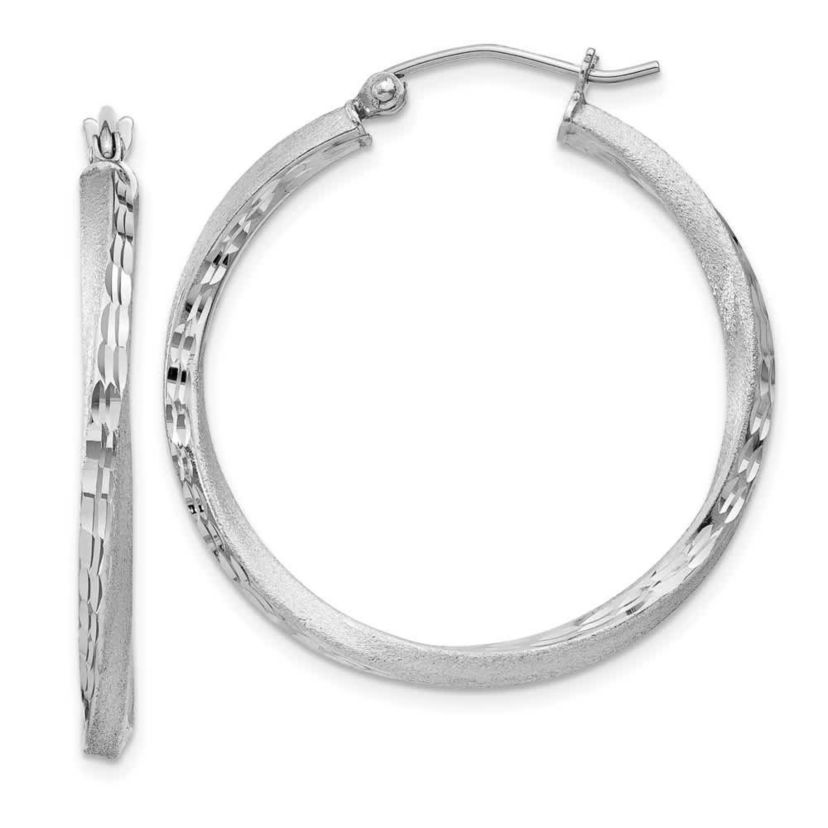 Sterling Silver Rhodium-plated Satin Diamond-cut 2.5x30mm Twisted Hoop Earrings