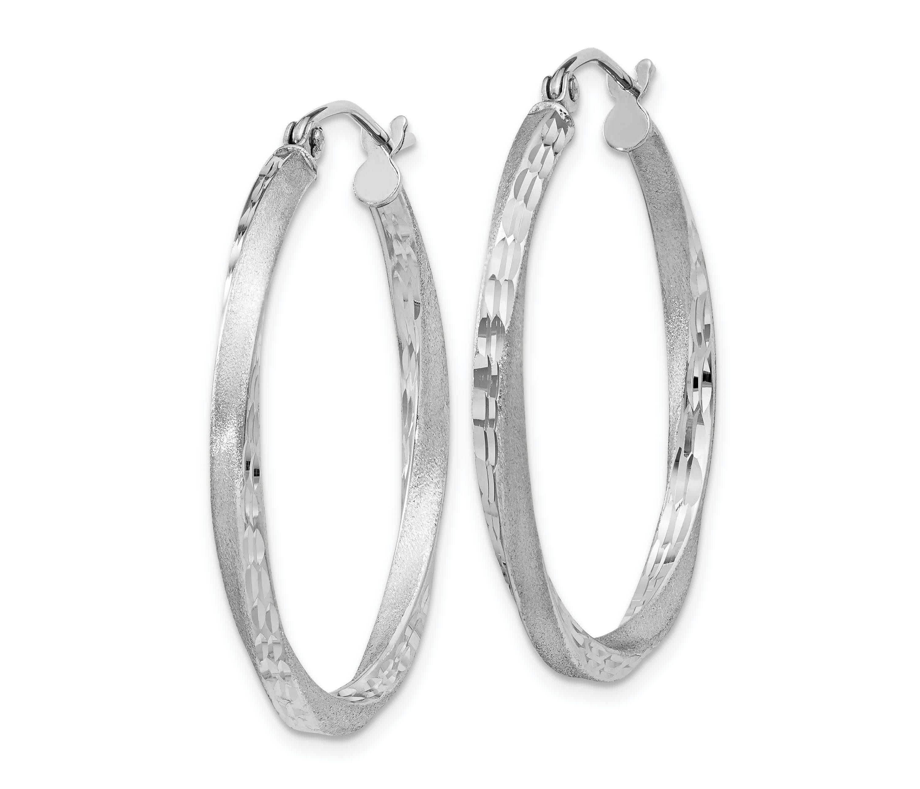 Sterling Silver Rhodium-plated Satin Diamond-cut 2.5x30mm Twisted Hoop Earrings