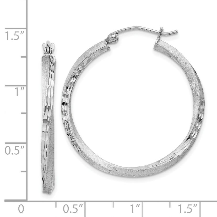 Sterling Silver Rhodium-plated Satin Diamond-cut 2.5x30mm Twisted Hoop Earrings