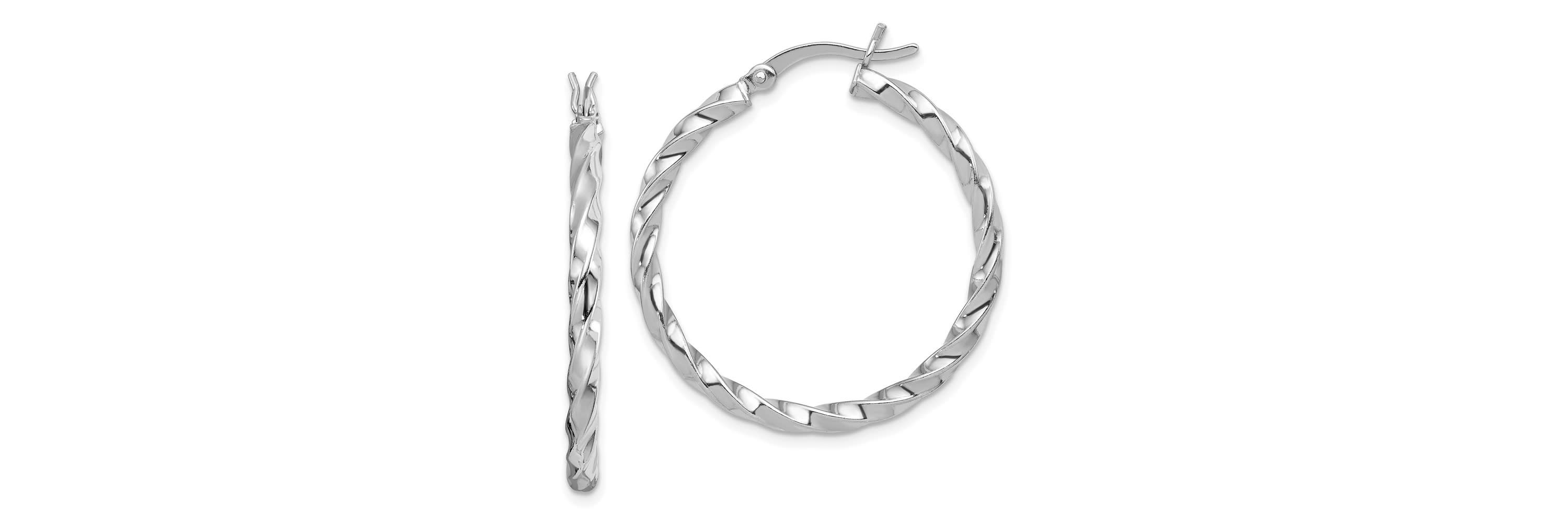 Sterling Silver Rhodium-plated Twisted 3x30mm Hoop Earrings