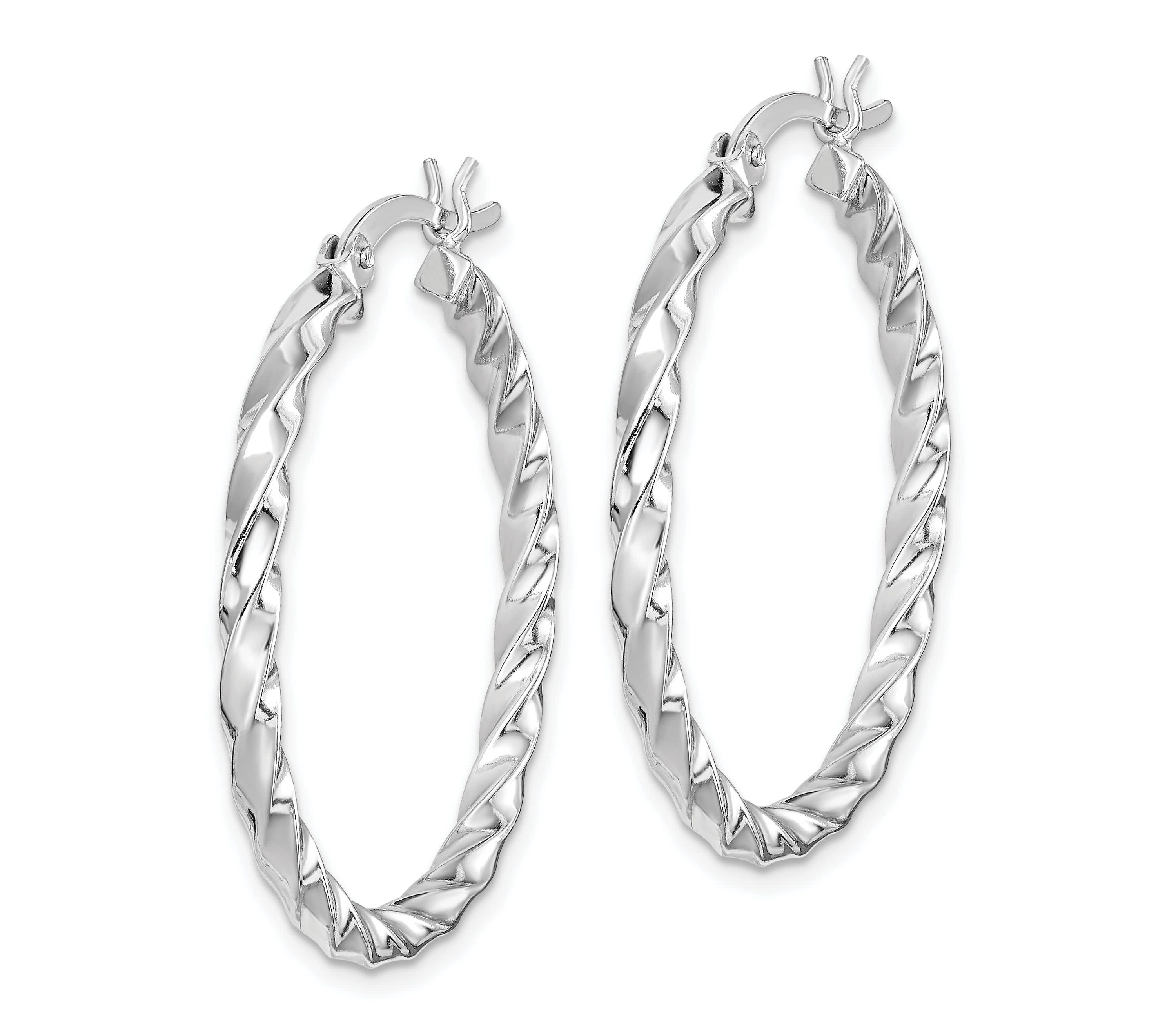 Sterling Silver Rhodium-plated Twisted 3x30mm Hoop Earrings