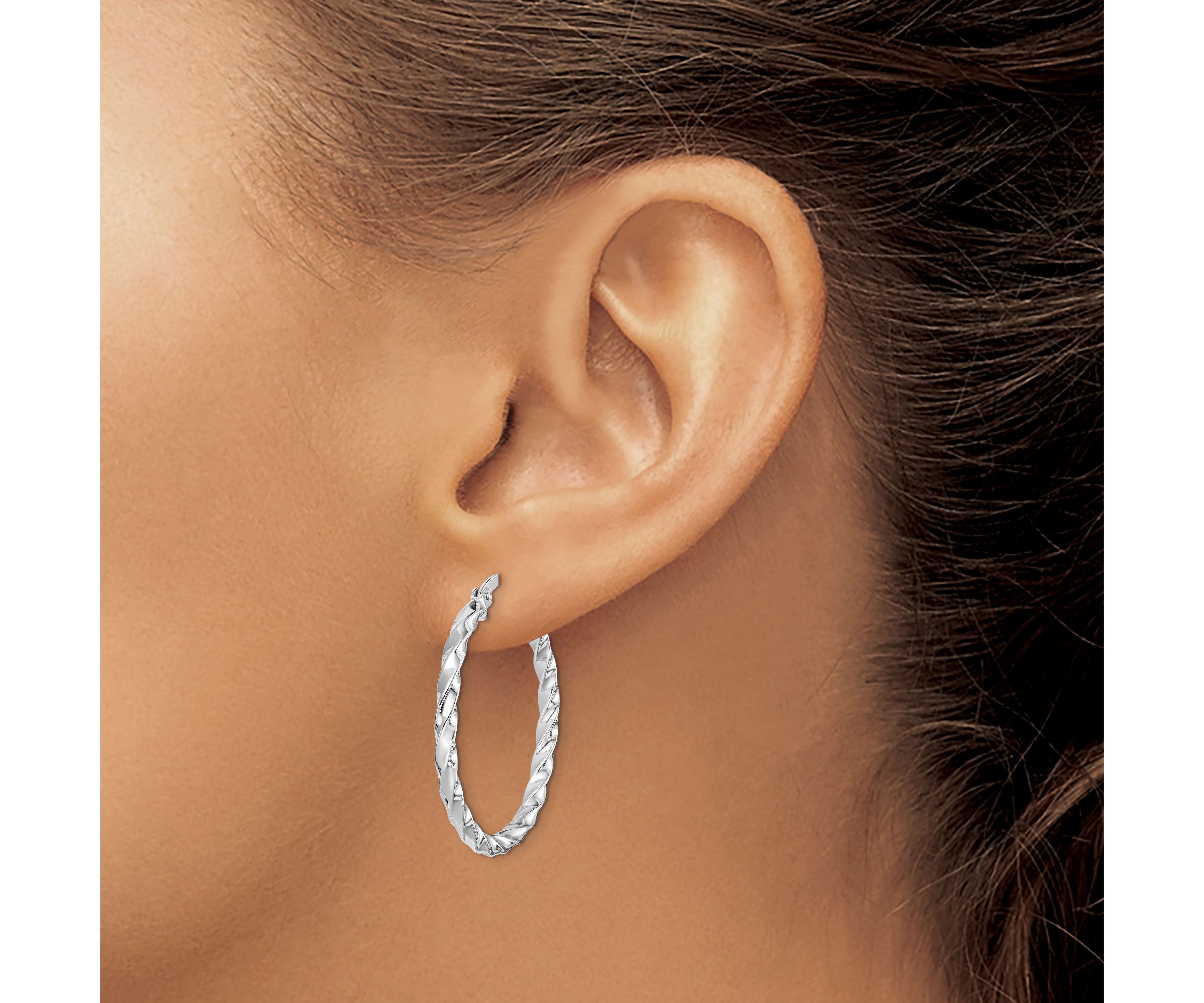 Sterling Silver Rhodium-plated Twisted 3x30mm Hoop Earrings