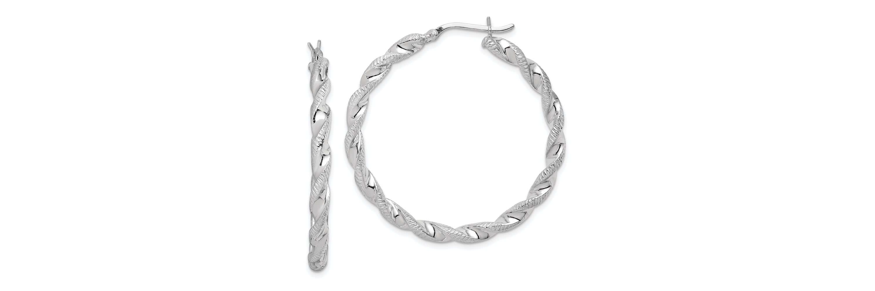 Sterling Silver Rhodium Plated Twisted 3.5x40mm Hoop Earrings