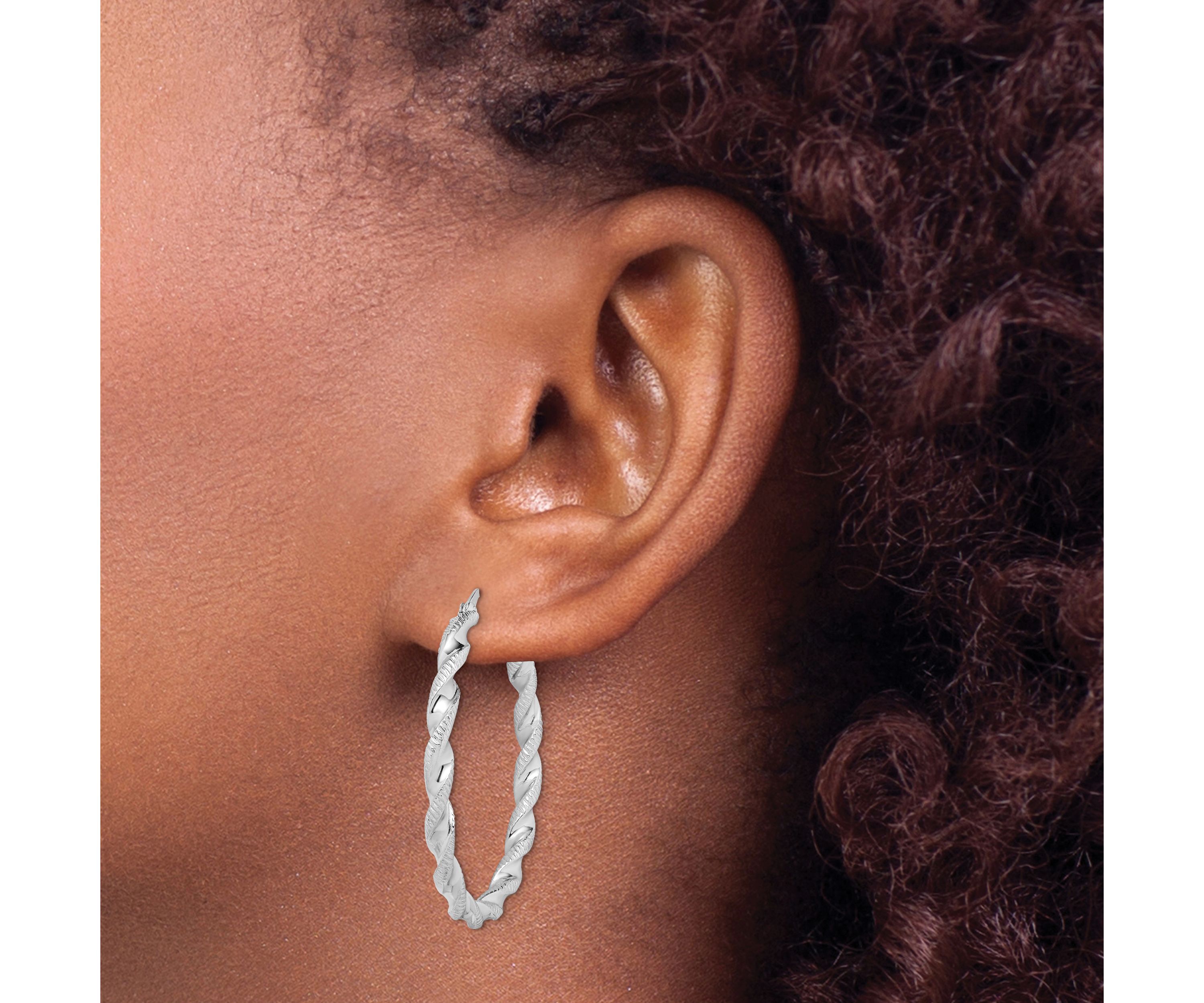 Sterling Silver Rhodium Plated Twisted 3.5x40mm Hoop Earrings