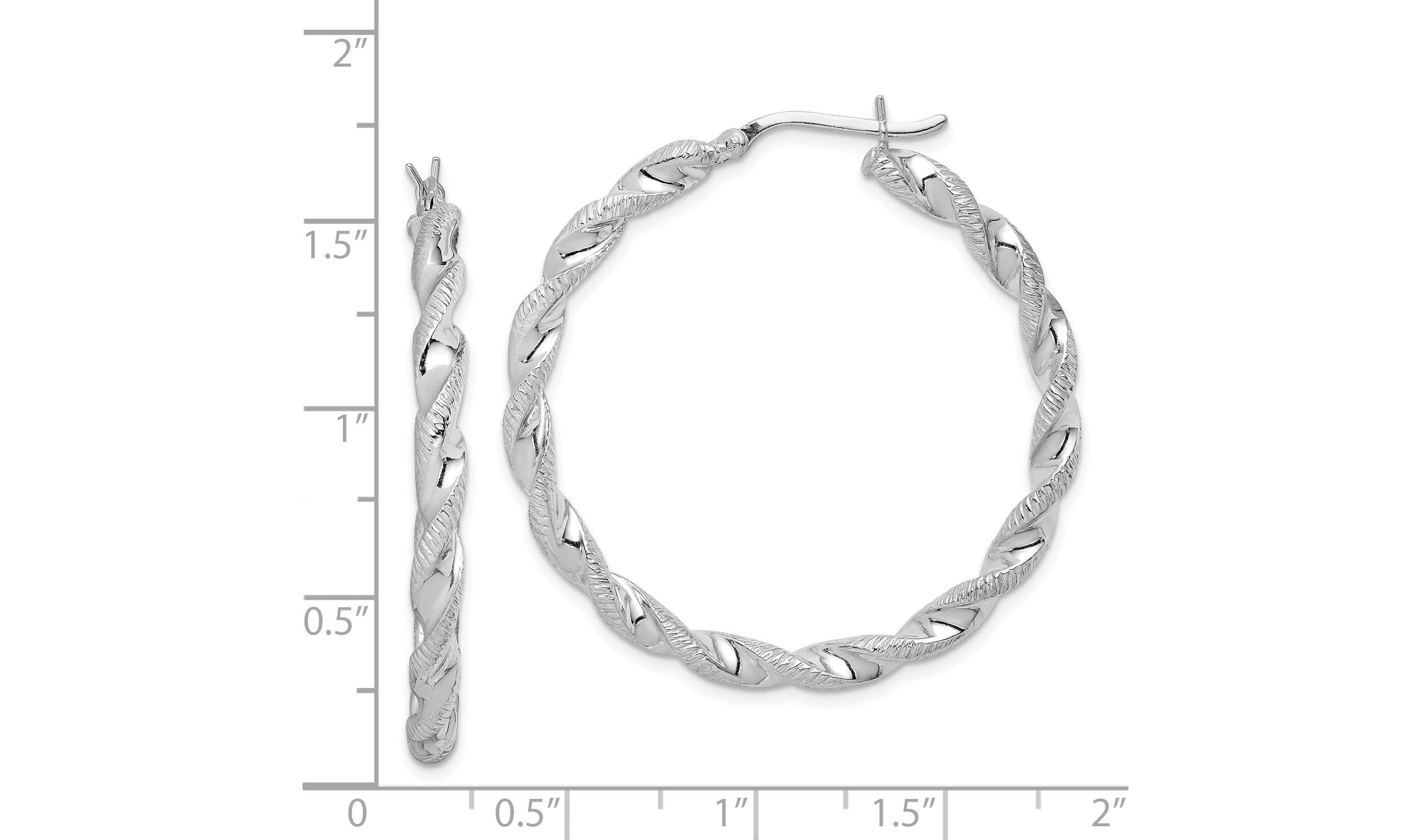 Sterling Silver Rhodium Plated Twisted 3.5x40mm Hoop Earrings