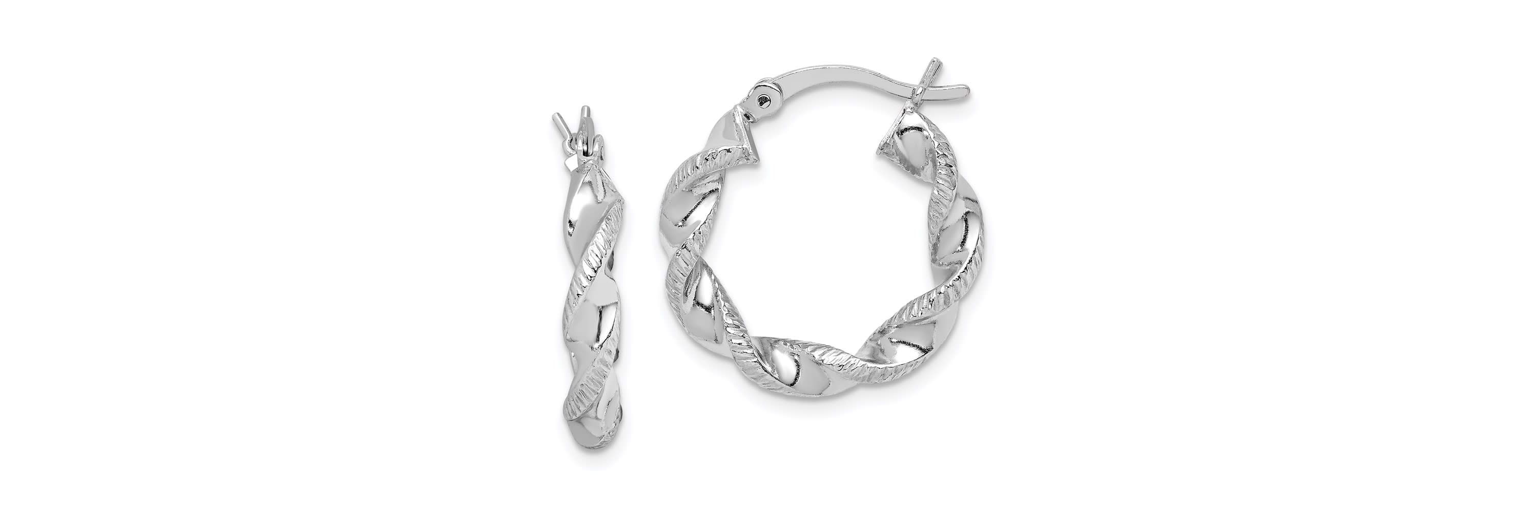 Sterling Silver Rhodium Plated Twisted 3.5x20mm Hoop Earrings