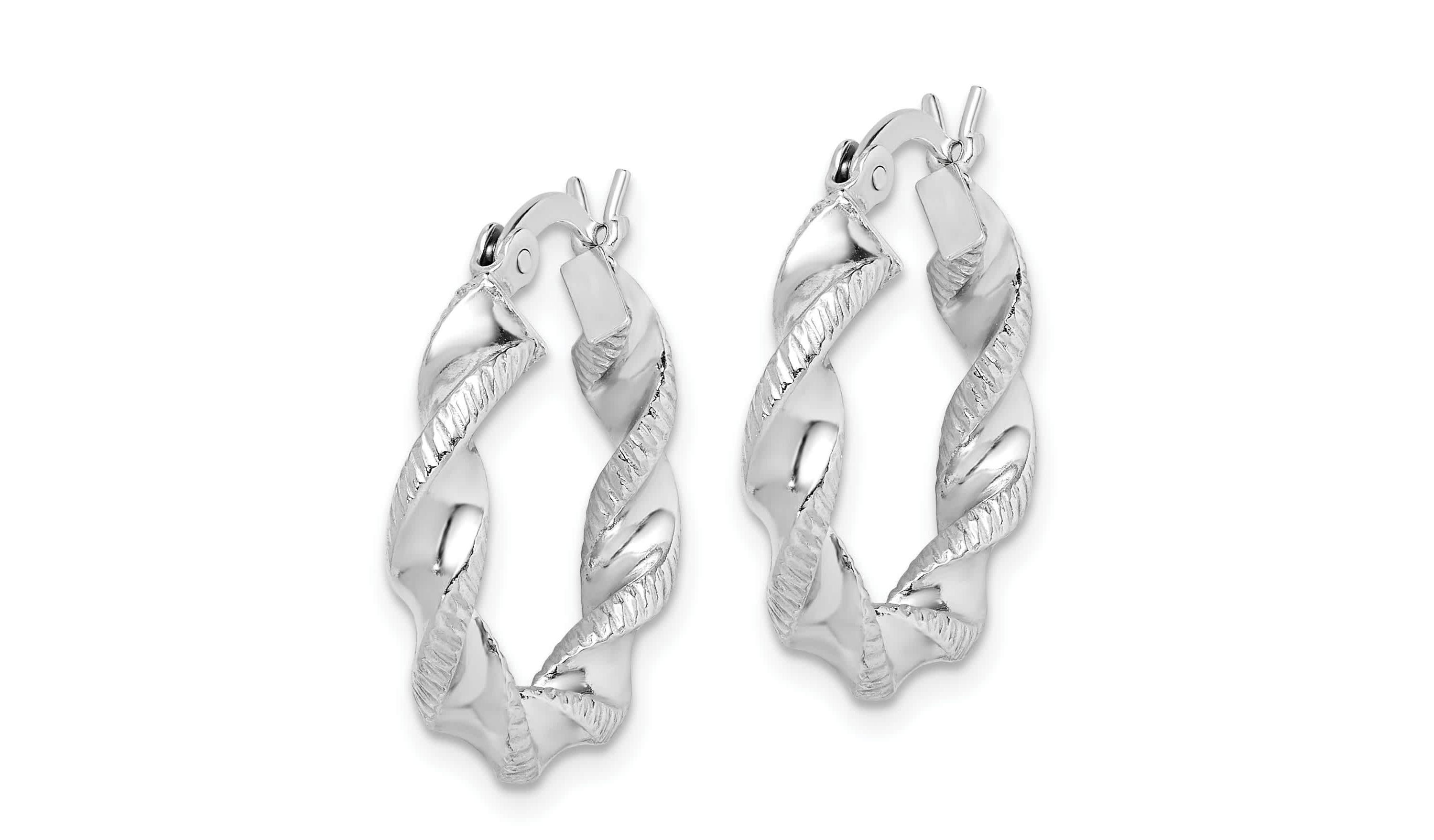 Sterling Silver Rhodium Plated Twisted 3.5x20mm Hoop Earrings