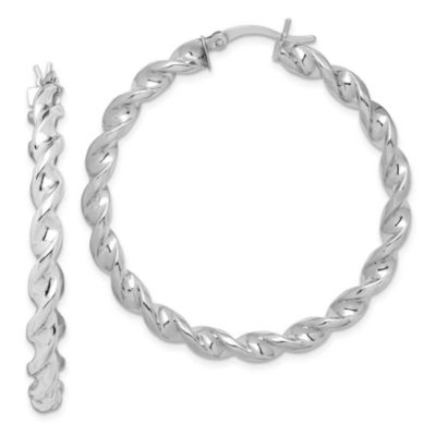 Luxury Giftware by Jere Sterling Silver Rhodium Plated Twisted 3.5x45mm Hoop Earrings, White