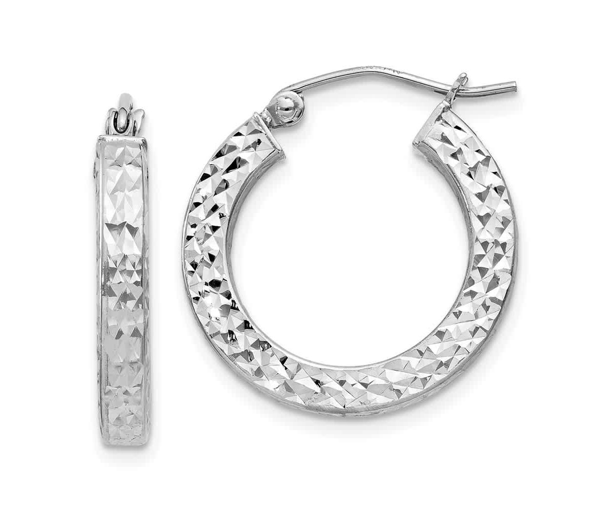 Sterling Silver Rhodium-plated Diamond-cut 3x20mm Square Tube Hoop Earrings