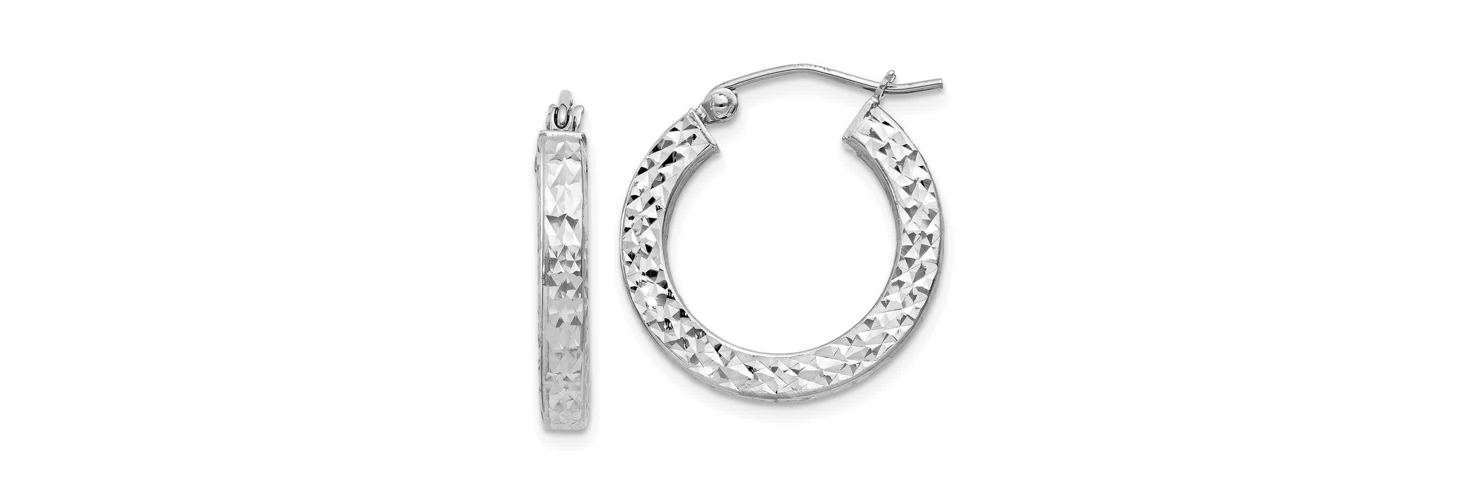 Sterling Silver Rhodium-plated Diamond-cut 3x20mm Square Tube Hoop Earrings