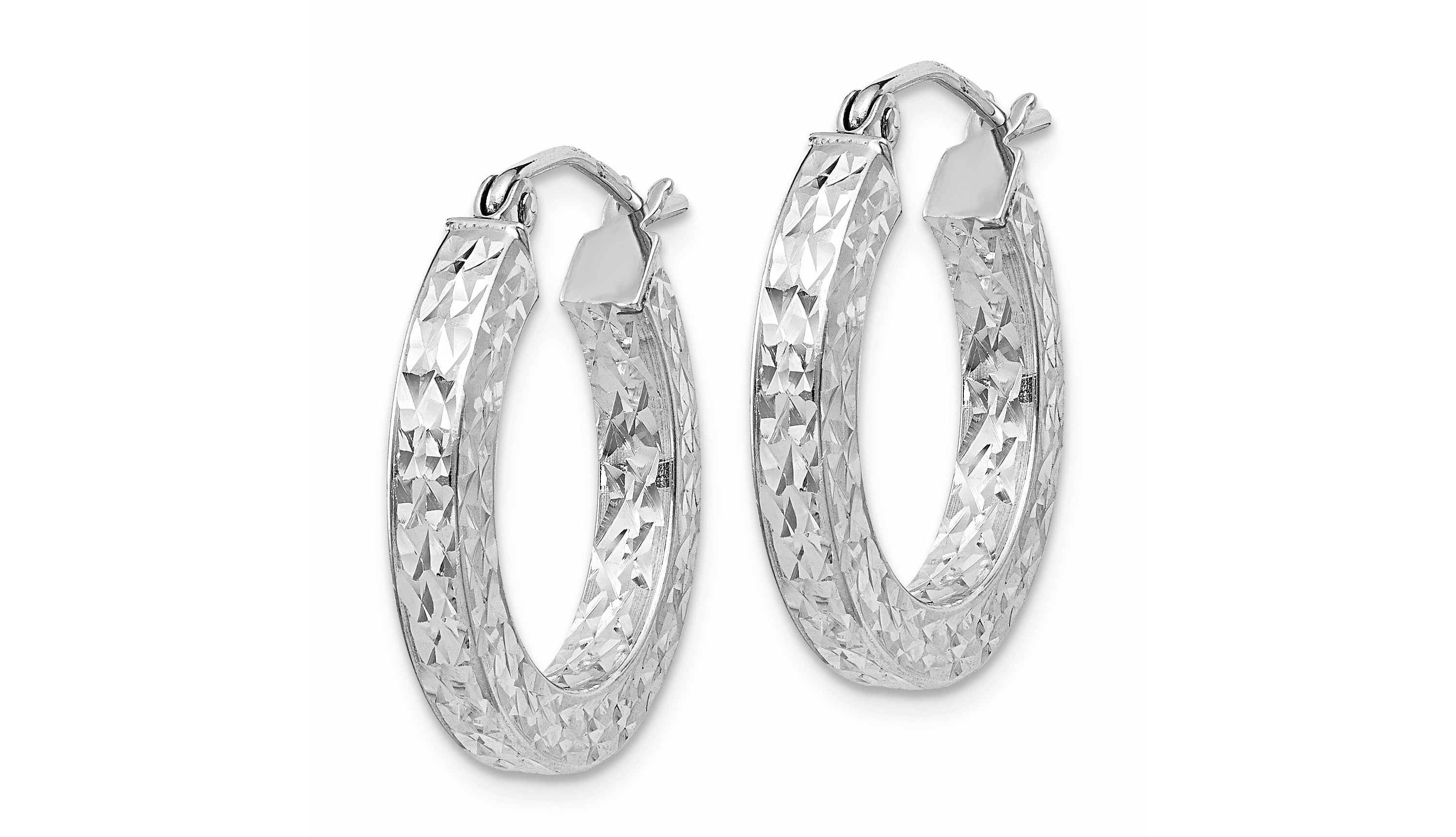 Sterling Silver Rhodium-plated Diamond-cut 3x20mm Square Tube Hoop Earrings
