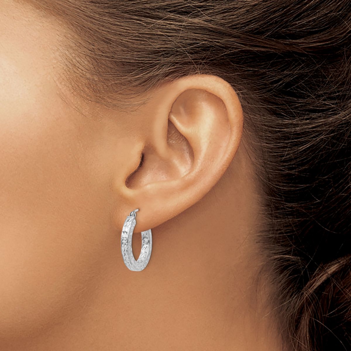 Sterling Silver Rhodium-plated Diamond-cut 3x20mm Square Tube Hoop Earrings