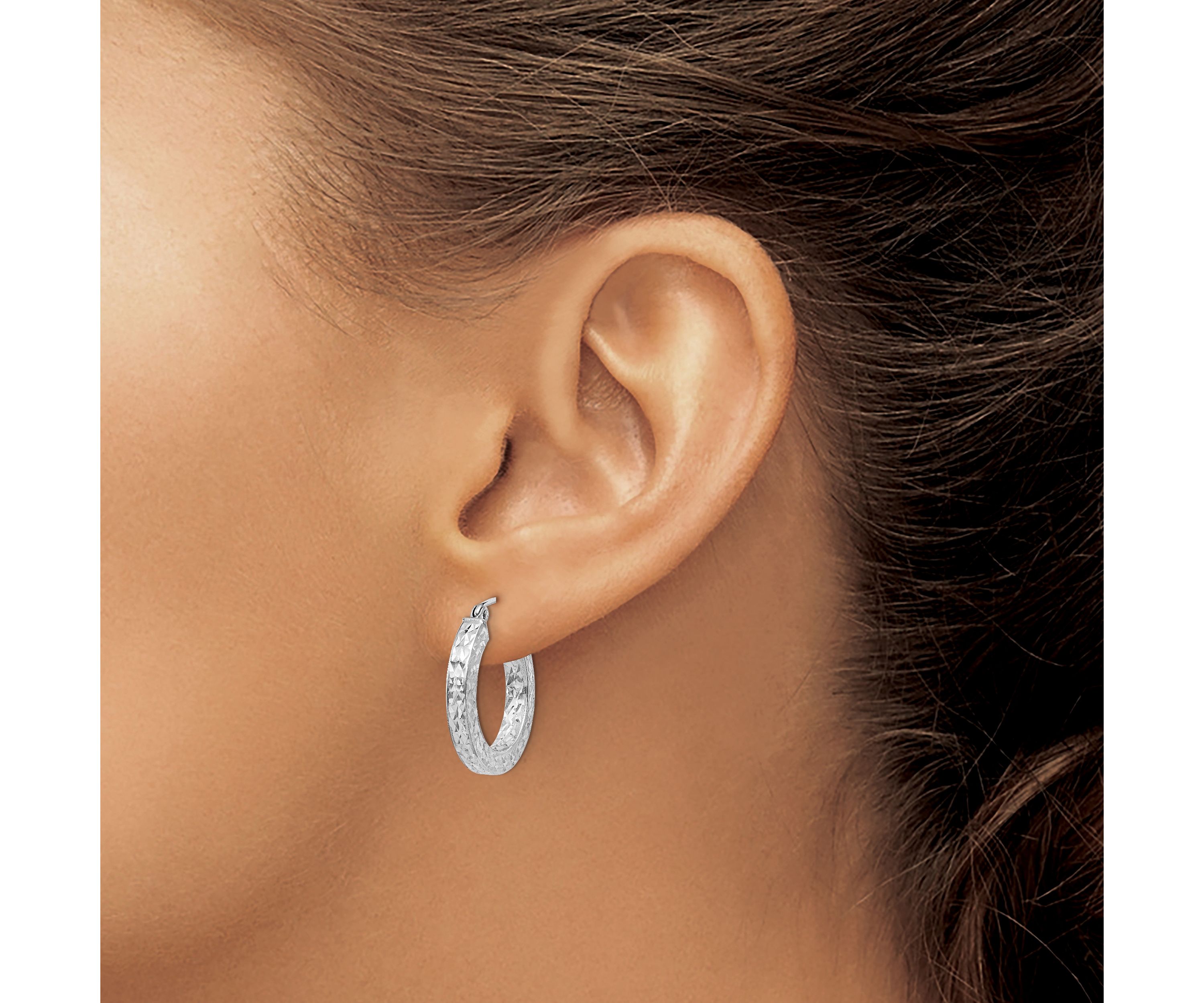 Sterling Silver Rhodium-plated Diamond-cut 3x20mm Square Tube Hoop Earrings