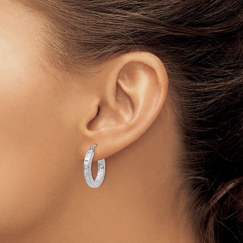 Sterling Silver Rhodium-plated Diamond-cut 3x20mm Square Tube Hoop Earrings