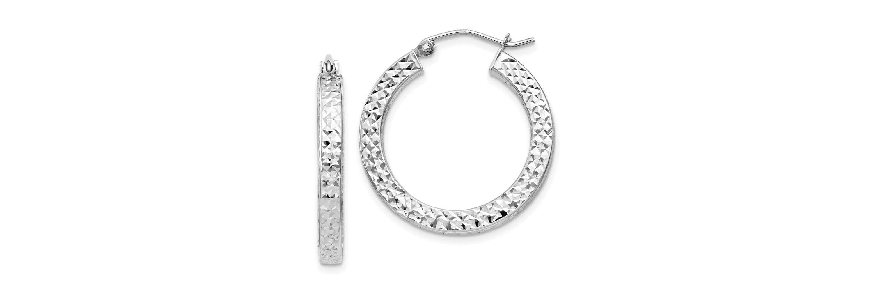 Sterling Silver Rhodium-plated Diamond-cut 3x25mm Square Tube Hoop Earrings