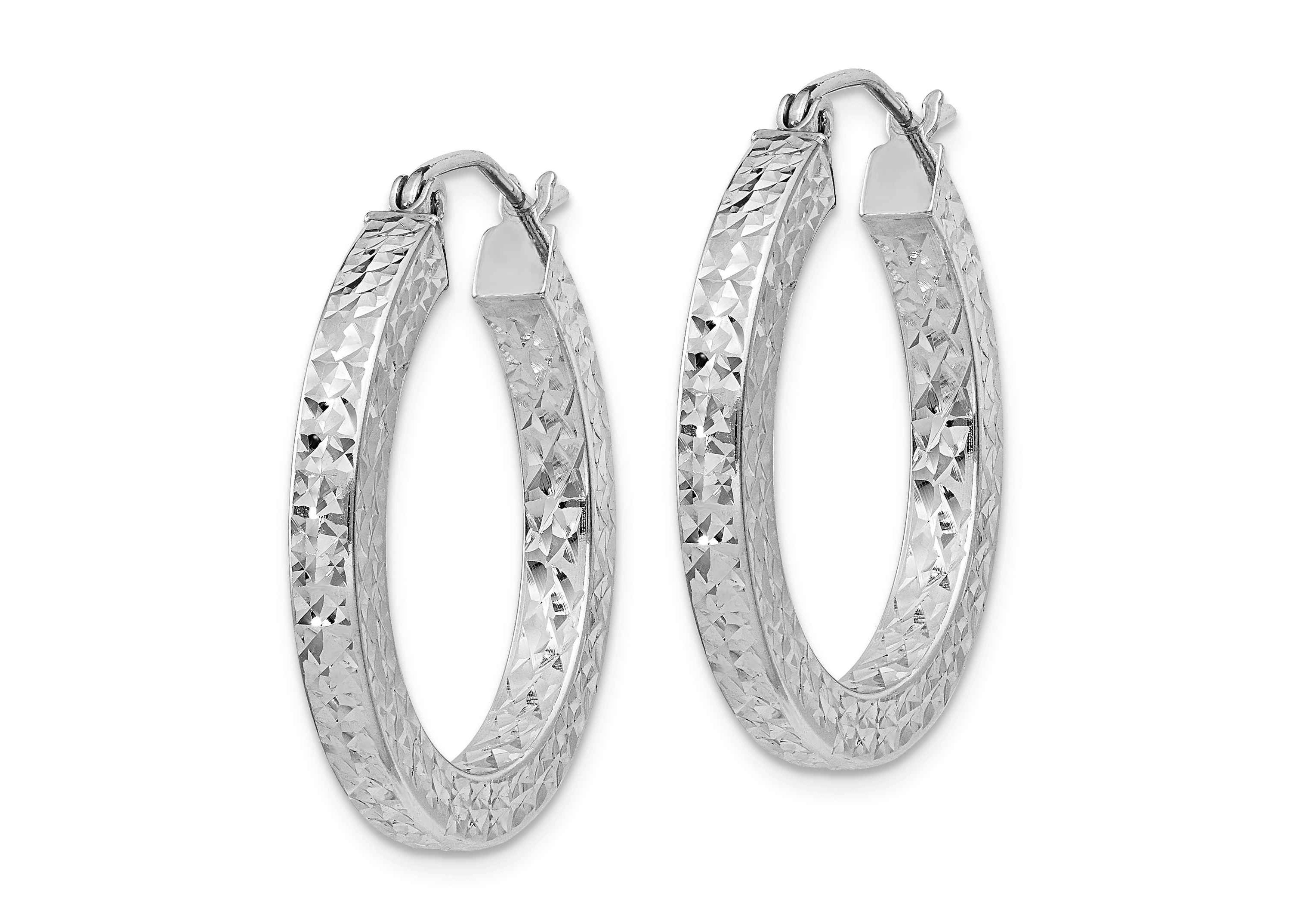 Sterling Silver Rhodium-plated Diamond-cut 3x25mm Square Tube Hoop Earrings