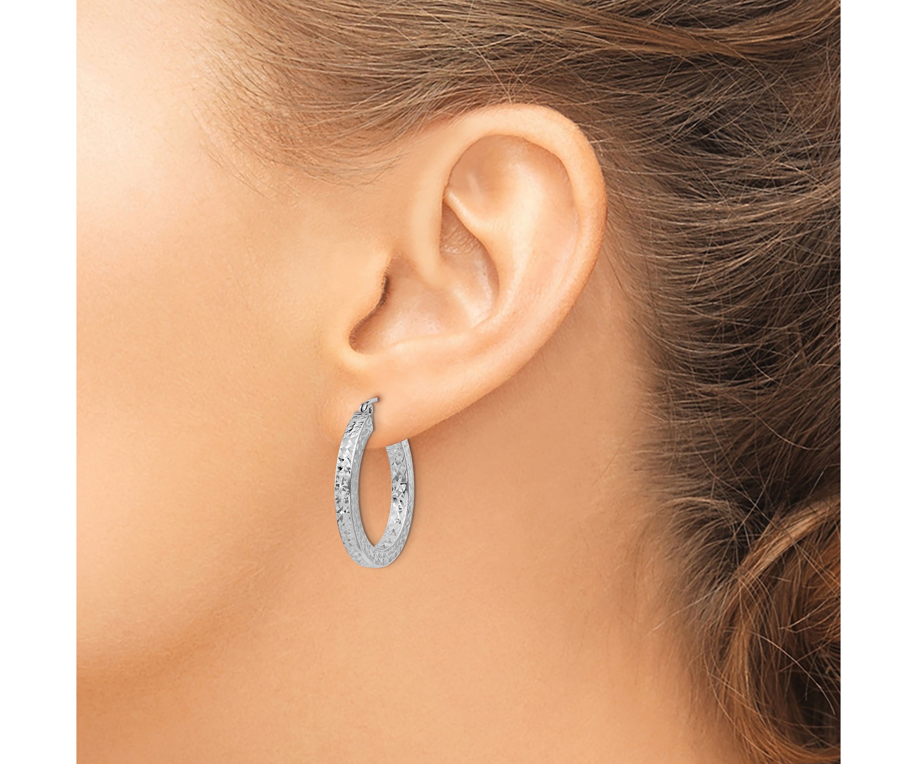 Sterling Silver Rhodium-plated Diamond-cut 3x25mm Square Tube Hoop Earrings