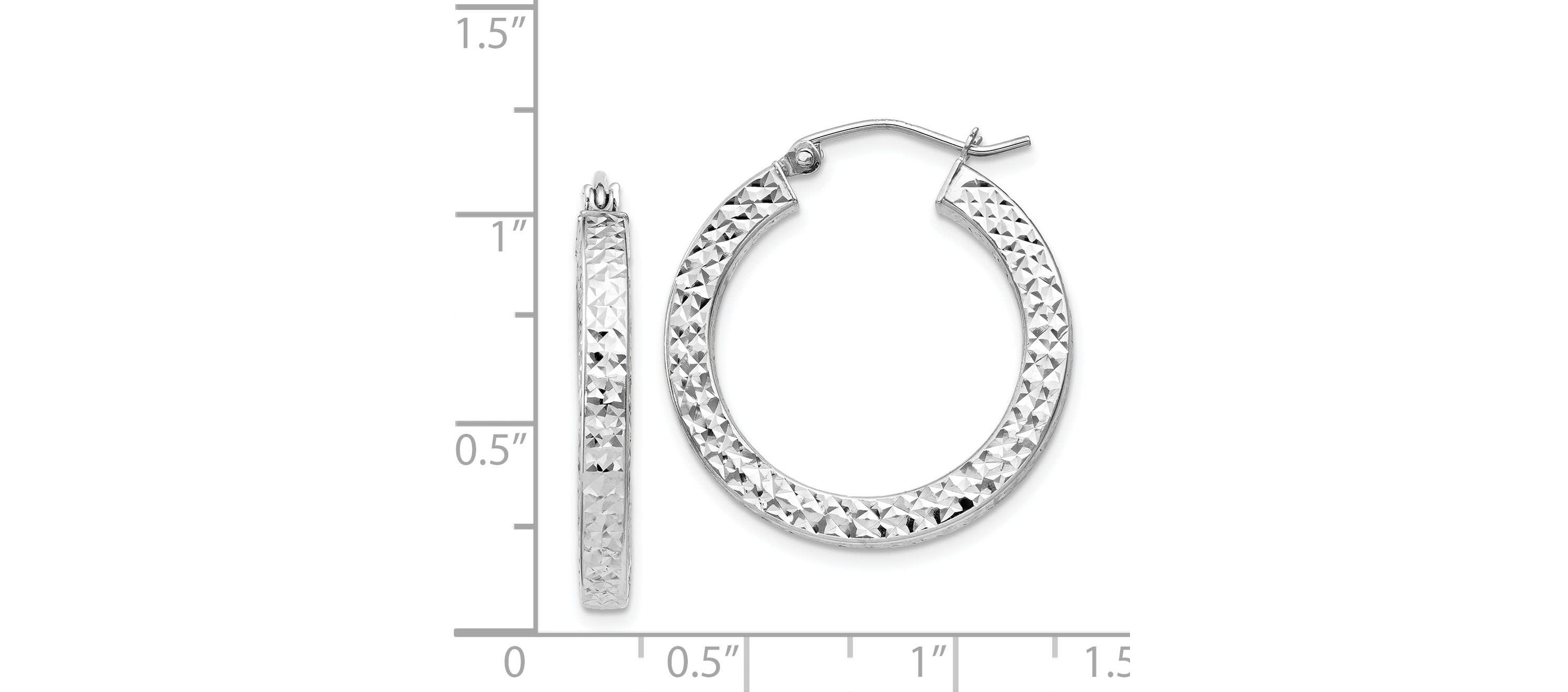 Sterling Silver Rhodium-plated Diamond-cut 3x25mm Square Tube Hoop Earrings