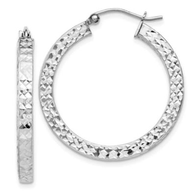 Luxury Giftware by Jere Sterling Silver Rhodium-plated Diamond-cut 3x30mm Square Tube Hoop Earrings, White