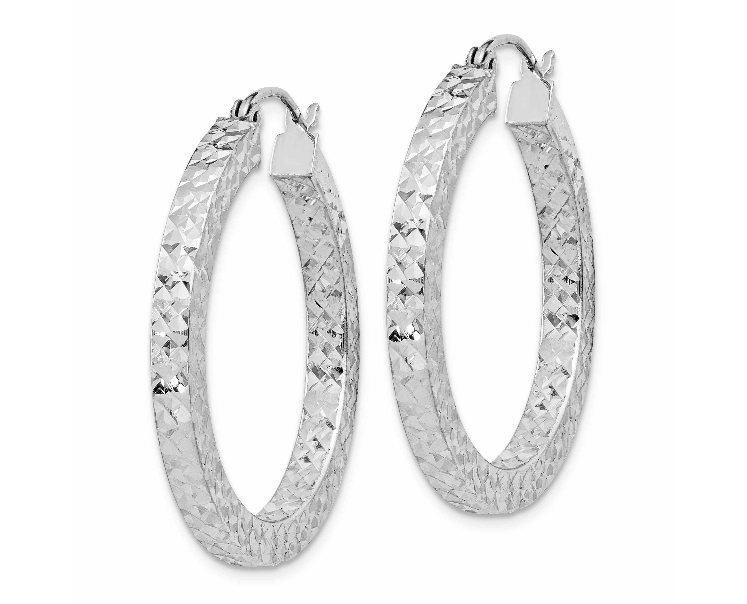 Sterling Silver Rhodium-plated Diamond-cut 3x30mm Square Tube Hoop Earrings