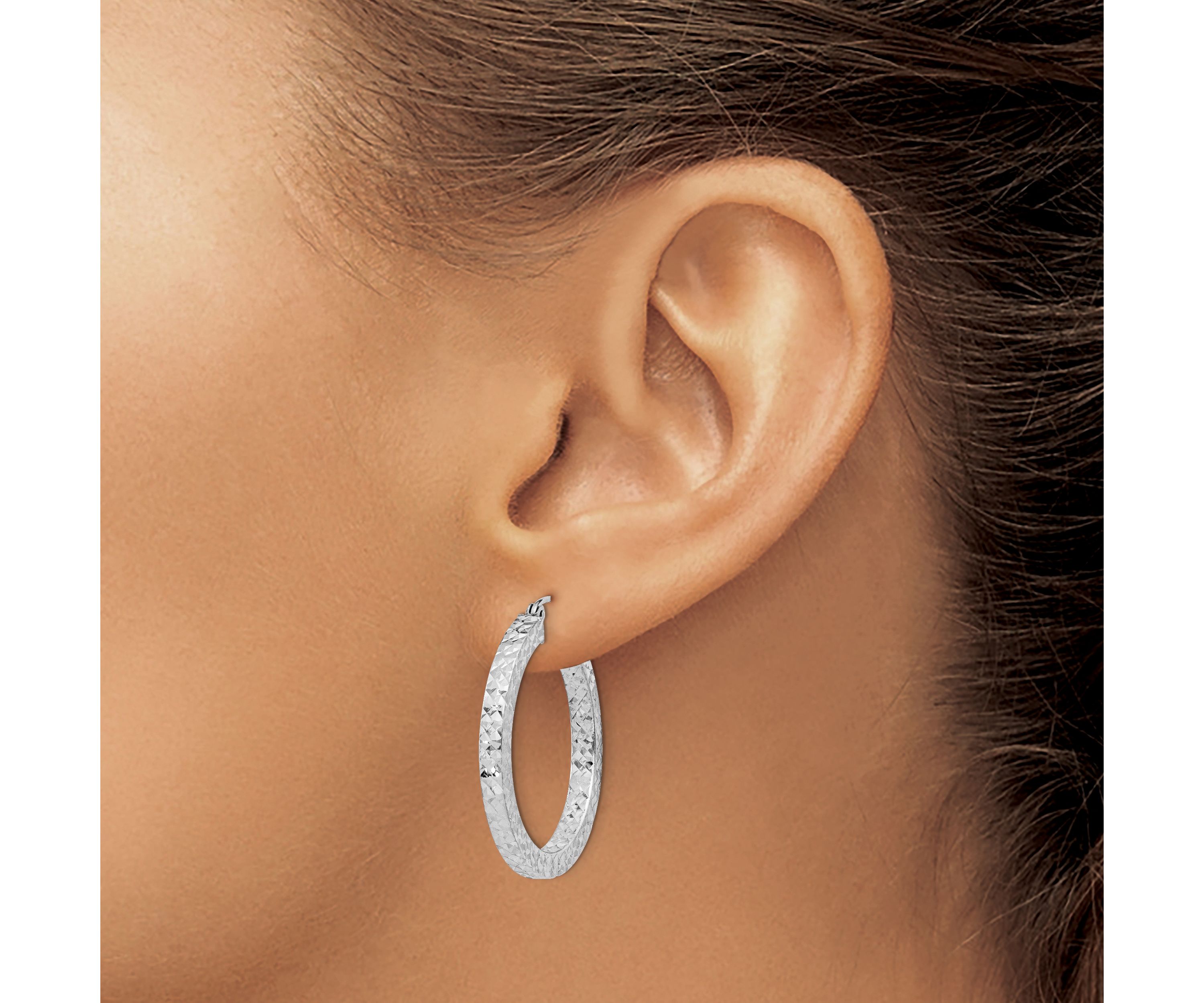 Sterling Silver Rhodium-plated Diamond-cut 3x30mm Square Tube Hoop Earrings