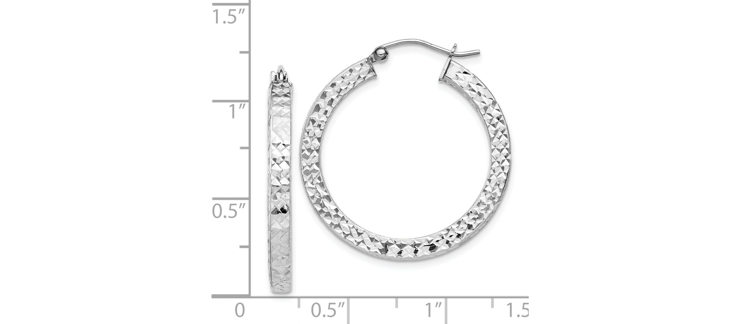 Sterling Silver Rhodium-plated Diamond-cut 3x30mm Square Tube Hoop Earrings