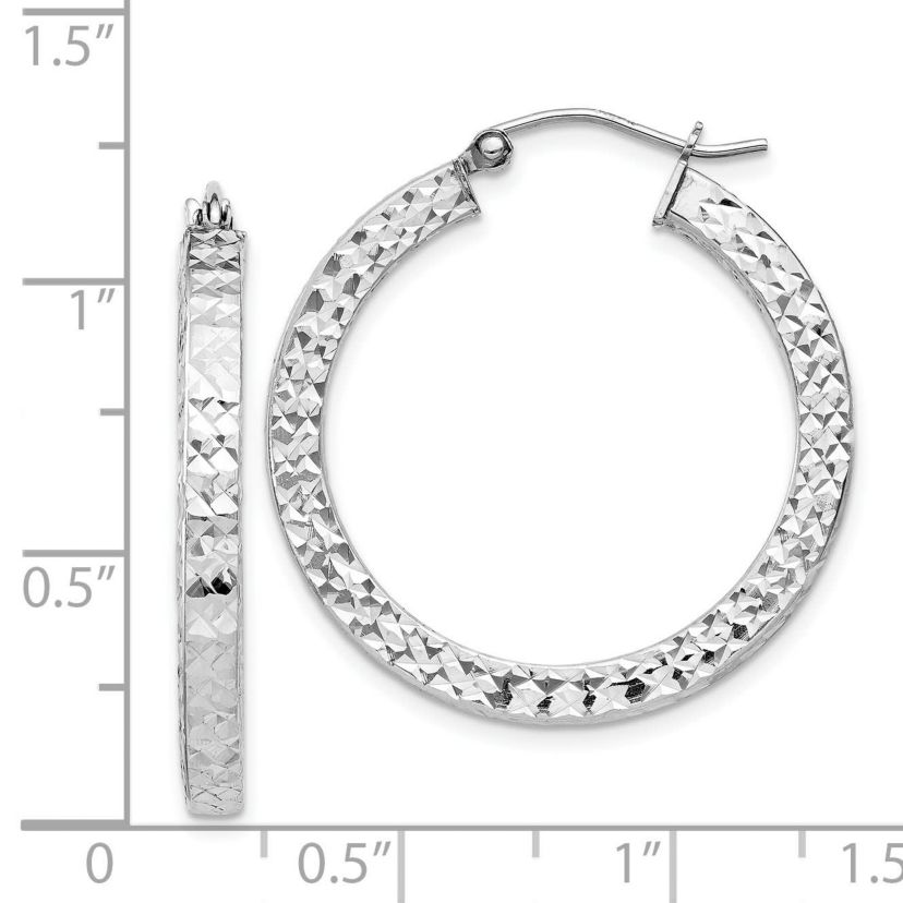 Sterling Silver Rhodium-plated Diamond-cut 3x30mm Square Tube Hoop Earrings