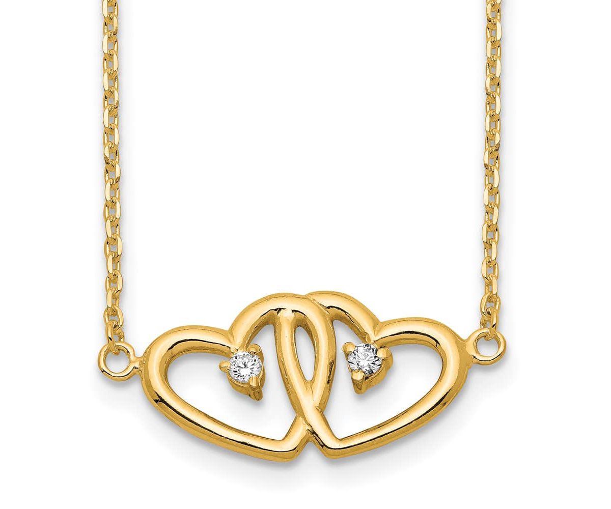 Sterling Silver Gold-tone Polished Two Hearts Cubic Zirconia Necklace