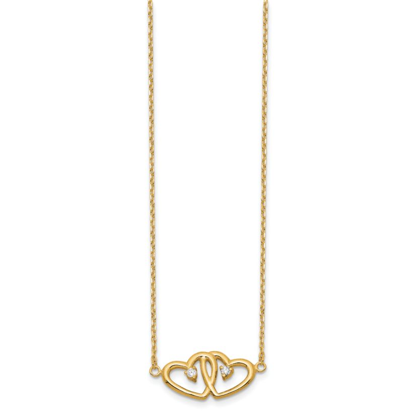 Sterling Silver Gold-tone Polished Two Hearts Cubic Zirconia Necklace