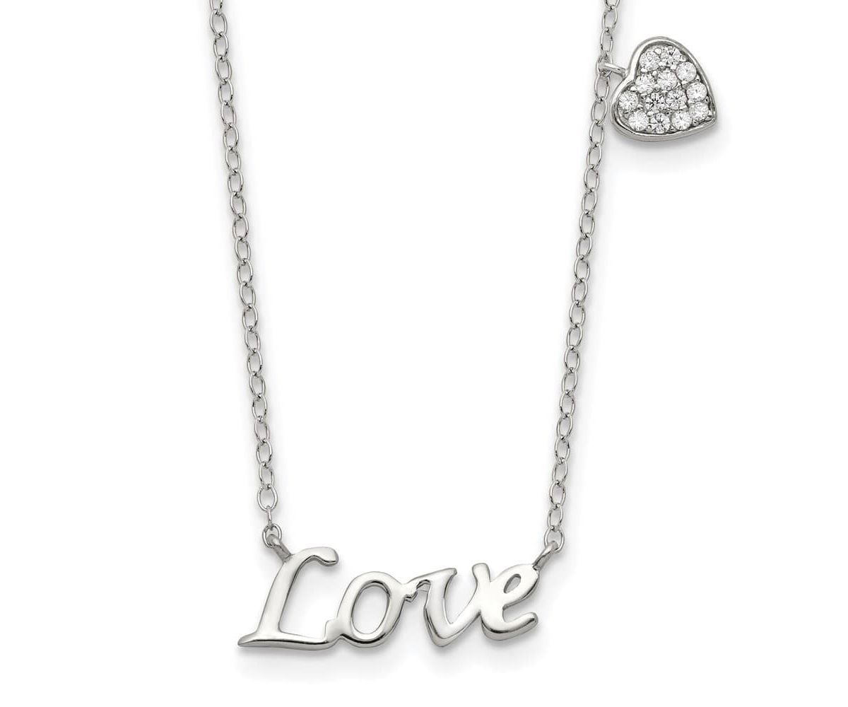 Sterling Silver Rhodium-plated Polished LOVE with Cubic Zirconia Heart Necklace