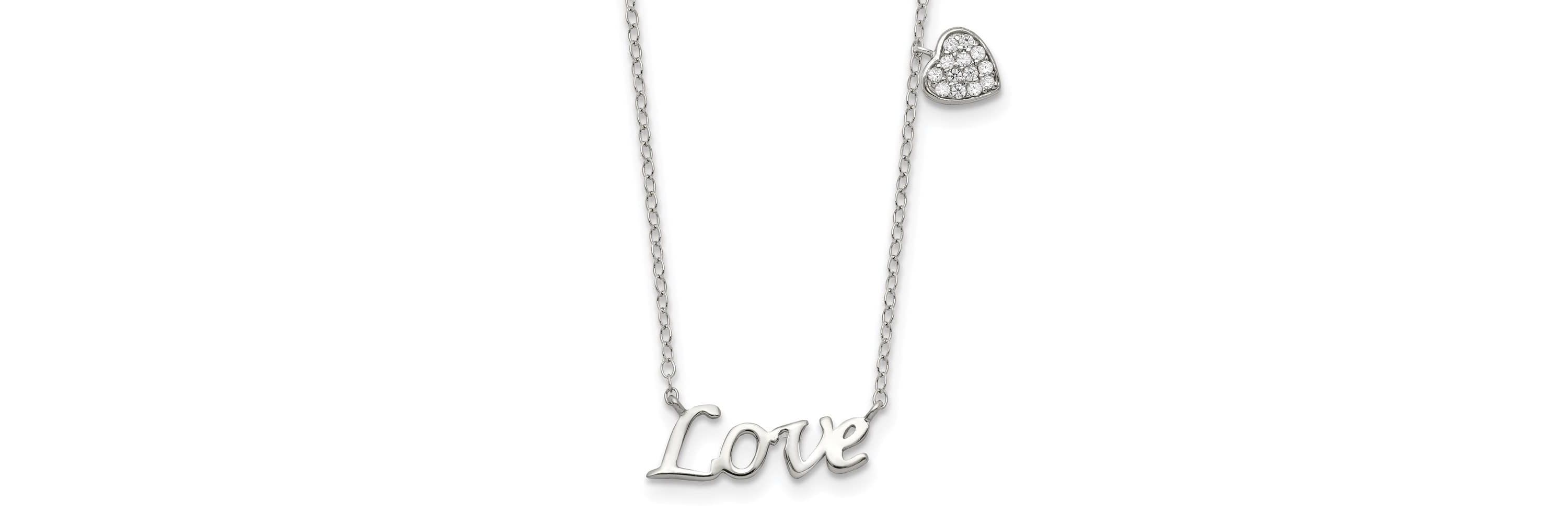 Sterling Silver Rhodium-plated Polished LOVE with Cubic Zirconia Heart Necklace