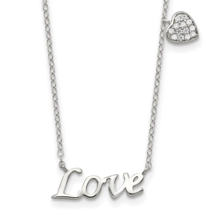 Sterling Silver Rhodium-plated Polished LOVE with Cubic Zirconia Heart Necklace