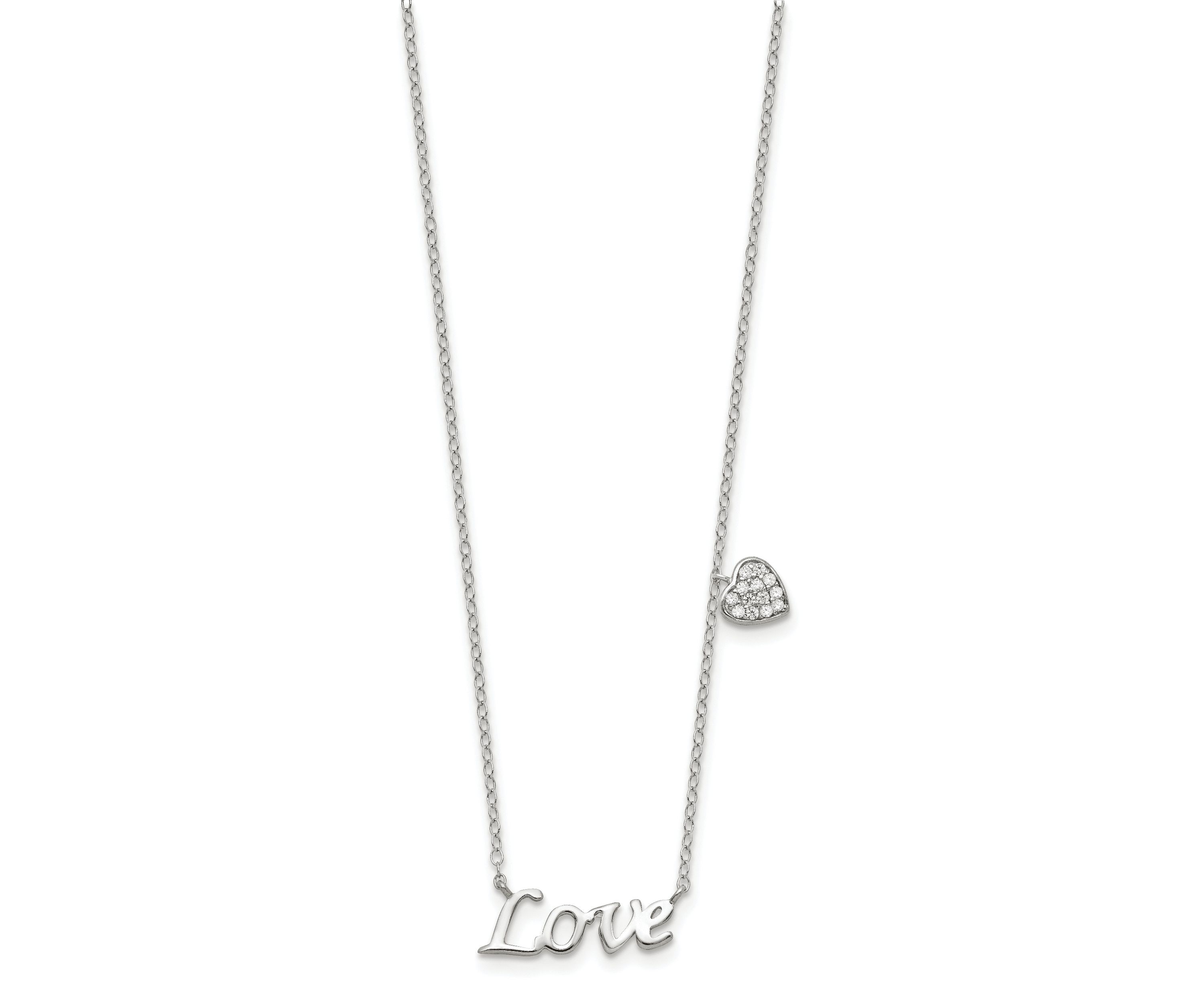 Sterling Silver Rhodium-plated Polished LOVE with Cubic Zirconia Heart Necklace