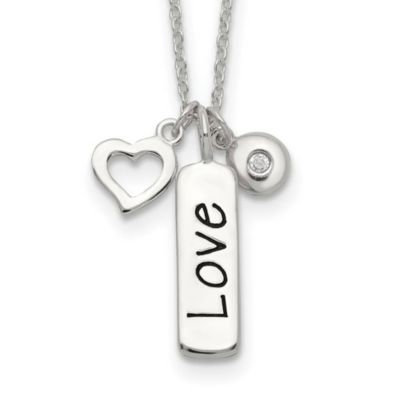 Luxury Giftware by Jere Sterling Silver Antiqued/Polished Cubic Zirconia LOVE Heart with 1-inch Extension Necklace, White, 16 in