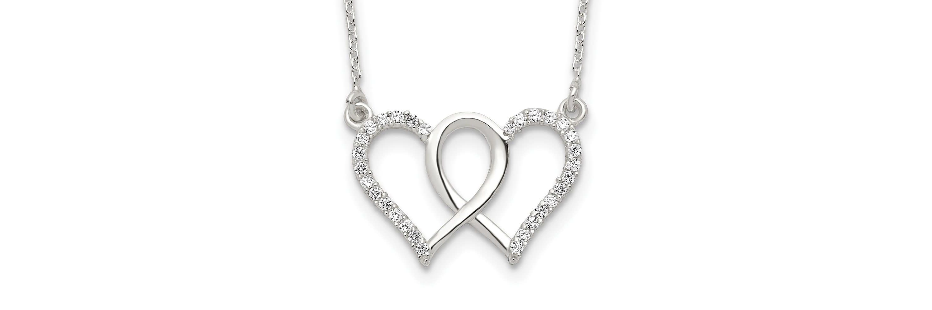 Sterling Silver Polished Interconnected Cubic Zirconia Double Hearts 18-inch Necklace