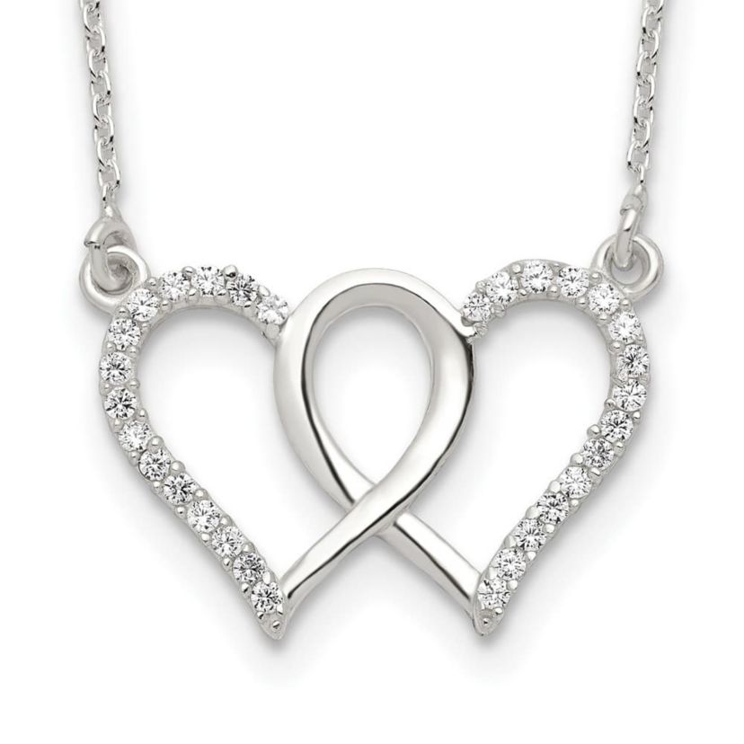 Sterling Silver Polished Interconnected Cubic Zirconia Double Hearts 18-inch Necklace