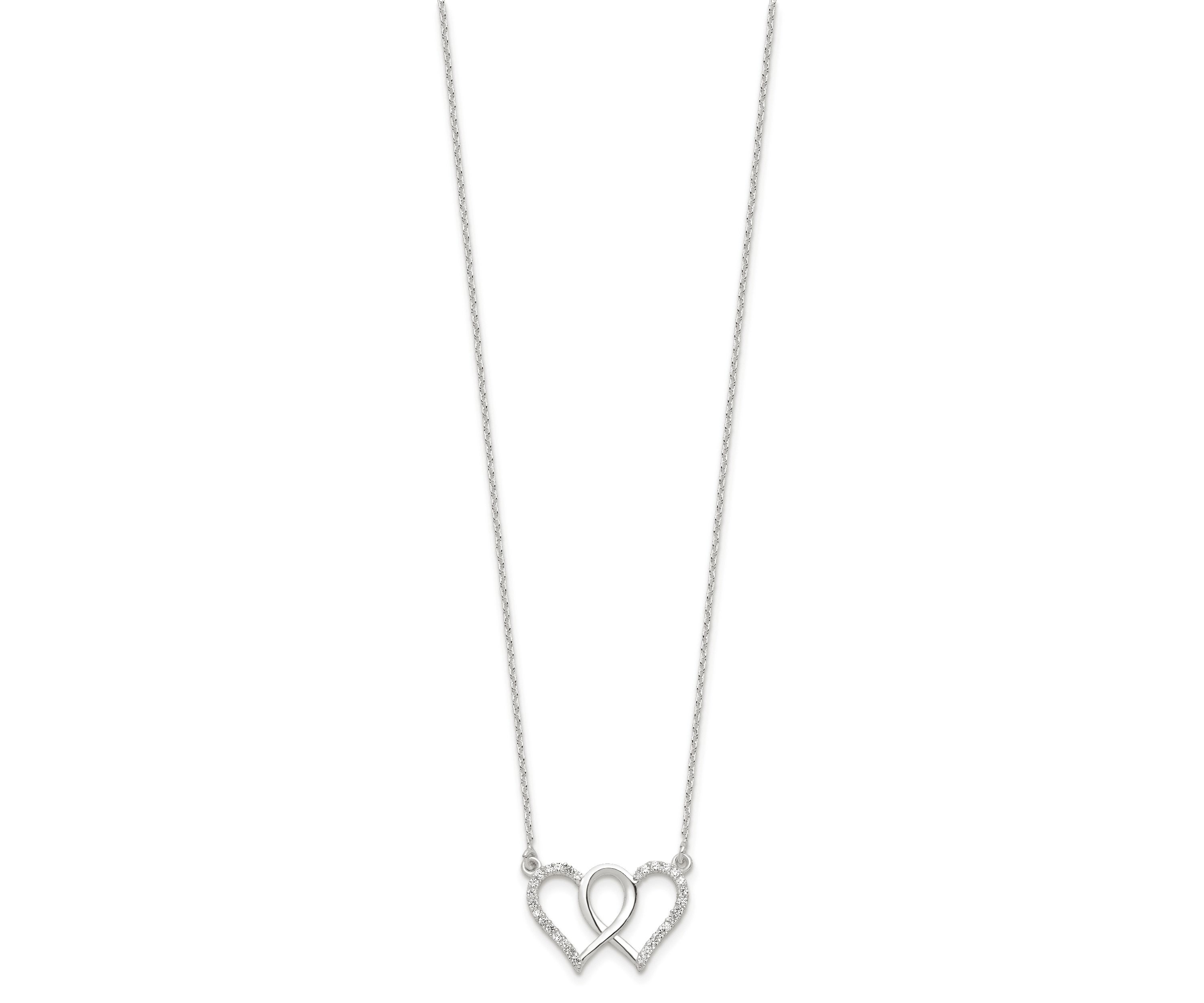 Sterling Silver Polished Interconnected Cubic Zirconia Double Hearts 18-inch Necklace