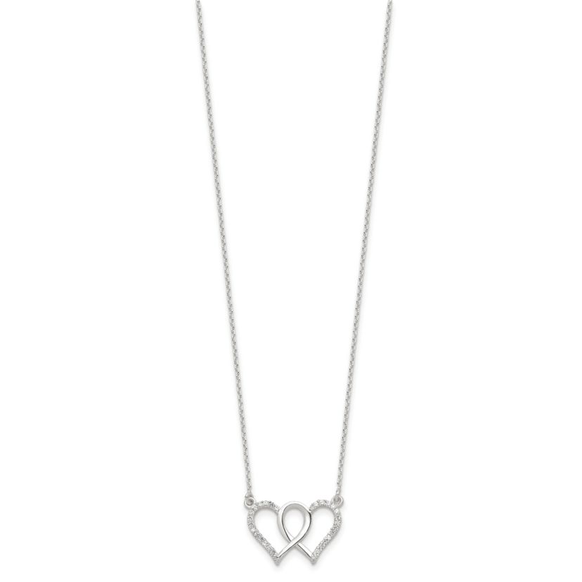 Sterling Silver Polished Interconnected Cubic Zirconia Double Hearts 18-inch Necklace