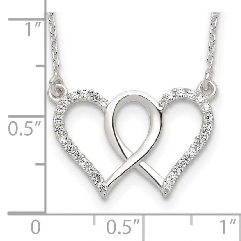Sterling Silver Polished Interconnected Cubic Zirconia Double Hearts 18-inch Necklace