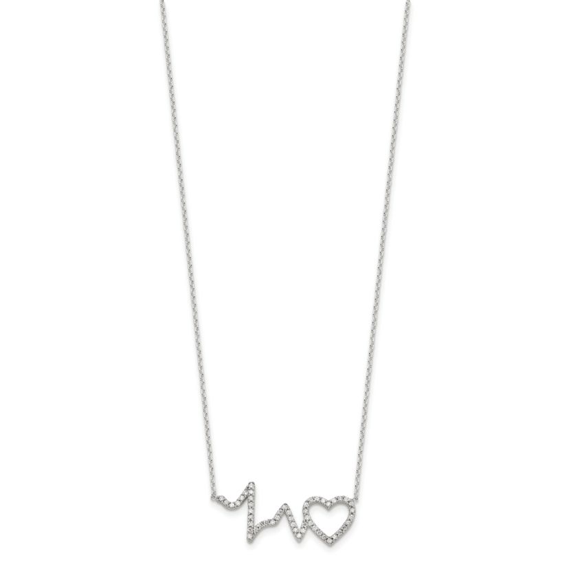 Sterling Silver Polished Cubic Zirconia Heartbeat 18-inch Necklace
