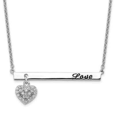 Luxury Giftware by Jere Sterling Silver Rhodium Plated Cubic Zirconia Heart with Antiqued LOVE Bar 16-inch Necklace, White, 16 in