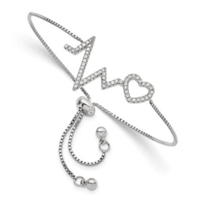Belk & Co Sterling Silver Polished Rhodium Micro Pavé Cubic Zirconia Heartbeat Adjustable Bracelet, White, 7 in