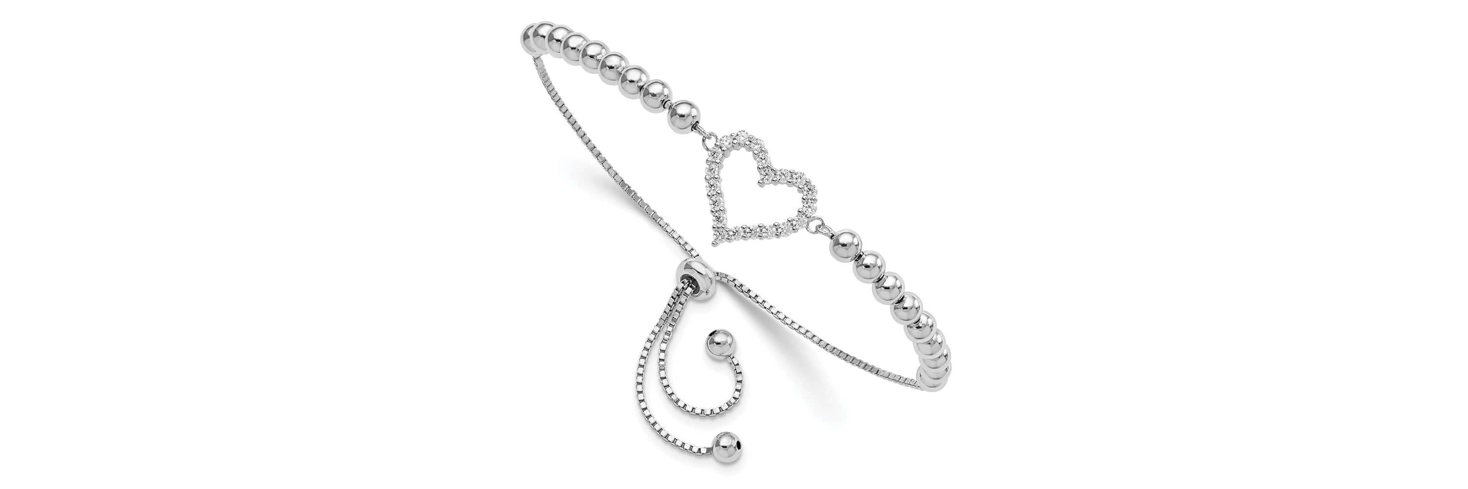 Sterling Silver Rhodium-plated Beaded Cubic Zirconia Heart Adjustable Bracelet