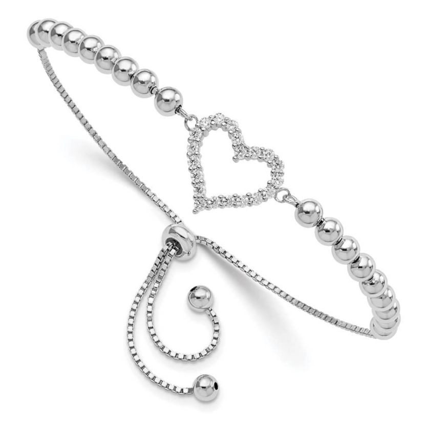 Sterling Silver Rhodium-plated Beaded Cubic Zirconia Heart Adjustable Bracelet