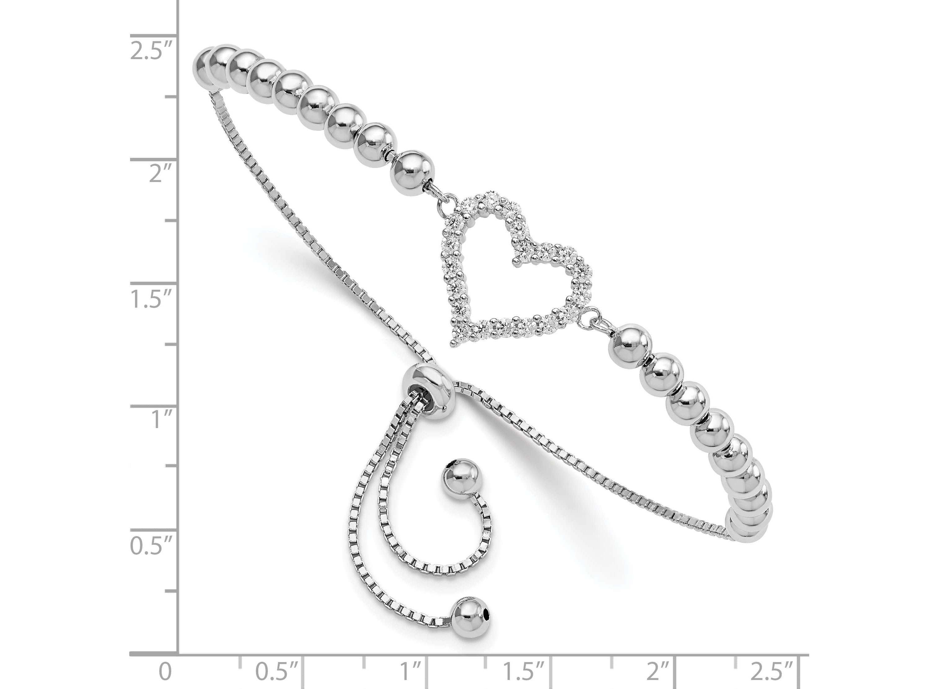Sterling Silver Rhodium-plated Beaded Cubic Zirconia Heart Adjustable Bracelet
