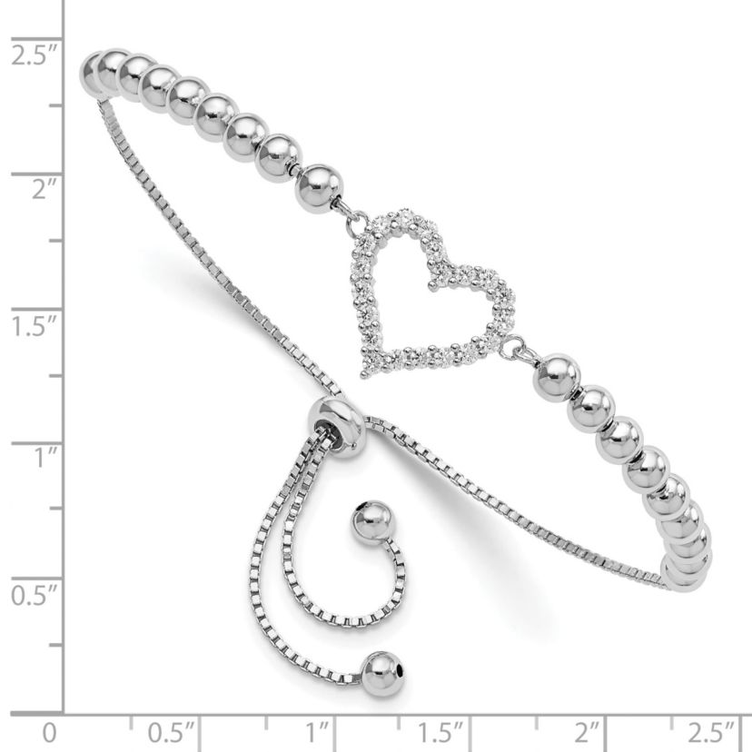 Sterling Silver Rhodium-plated Beaded Cubic Zirconia Heart Adjustable Bracelet