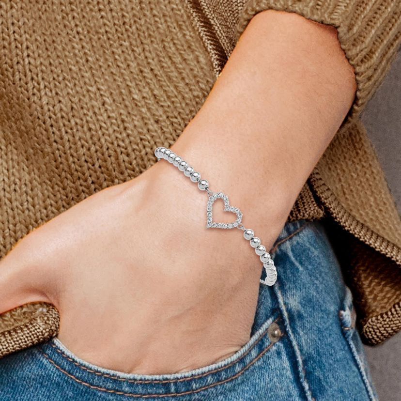 Sterling Silver Rhodium-plated Beaded Cubic Zirconia Heart Adjustable Bracelet