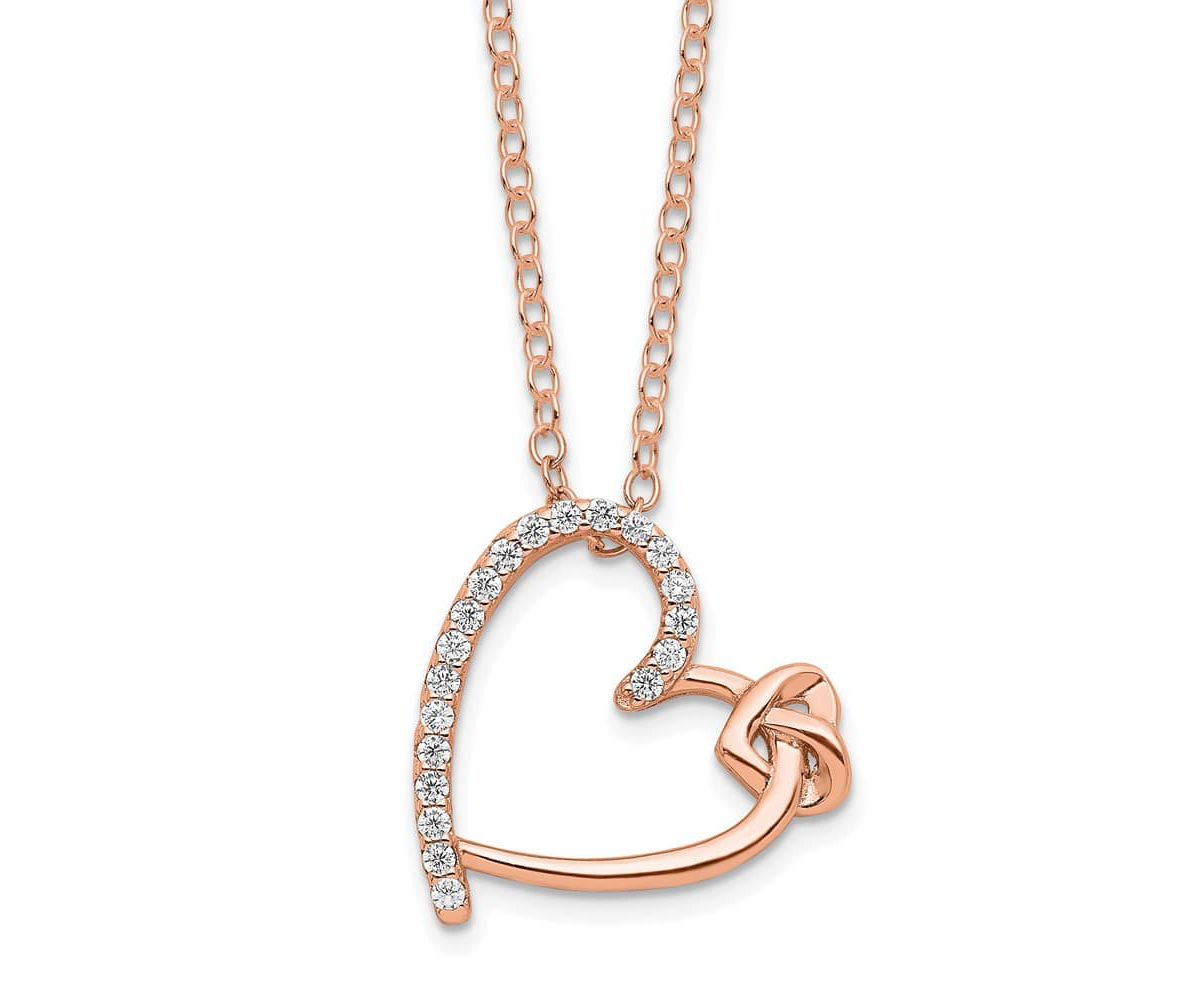 Sterling Silver Rose-tone Polished Cubic Zirconia Heart 18-inch Necklace